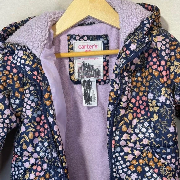 Carter's Kids Girls Floral Puffer Jacket Hooded Lined Navy Pink White - Picture 5 of 5